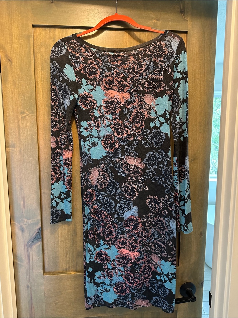 BCBGMAXAZRIA Floral Knit Bodycon Dress Blue Pink Black Long Sleeve Knee Length S